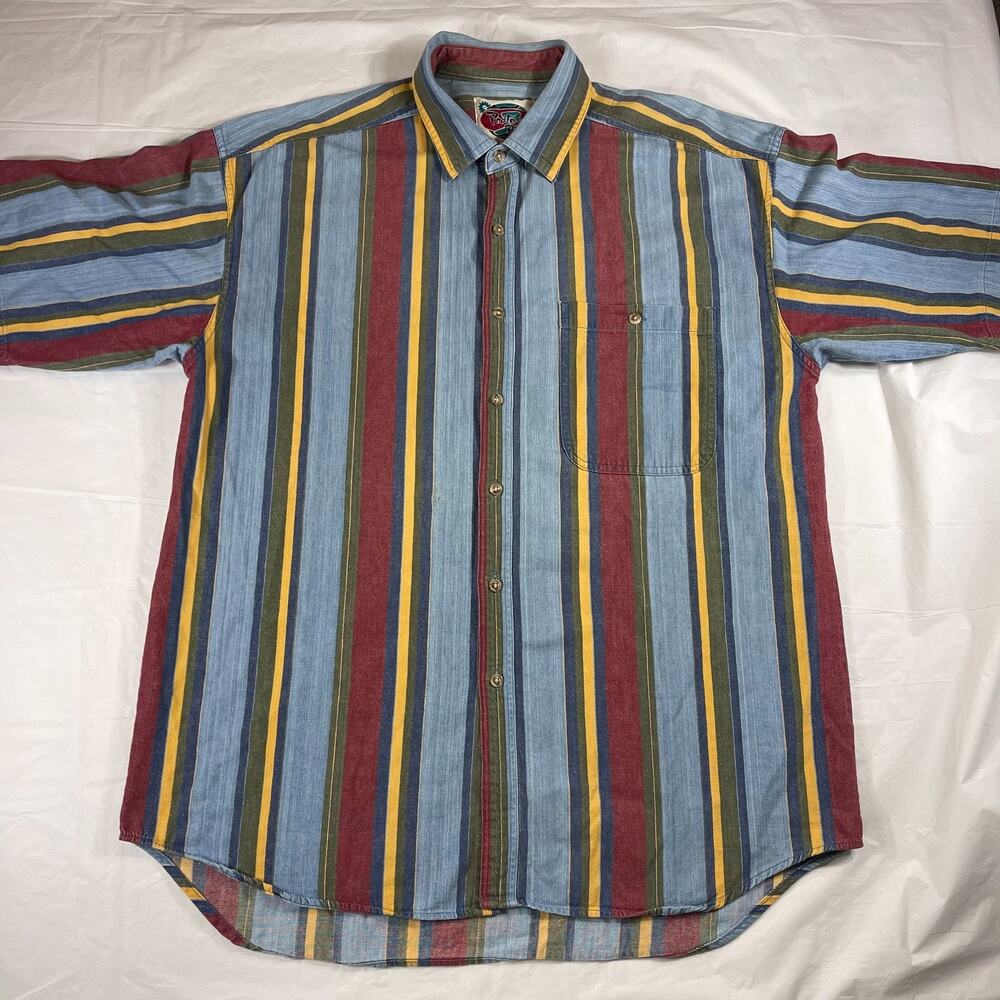 Protest Blues Men’s L Multicolor Striped Cotton Button Front Short Sleeve Shirt